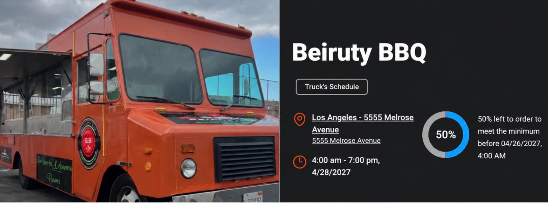 Beiruty BBQ ordering page showing a preorder minimum gauge at 50% with the message that 50% is left to order to meet the minimum